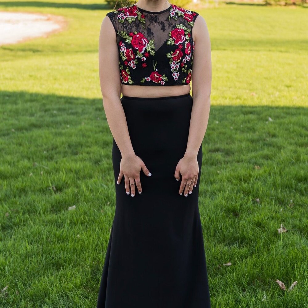 Mori Lee Black & Red Floral Two-Piece Prom Dress